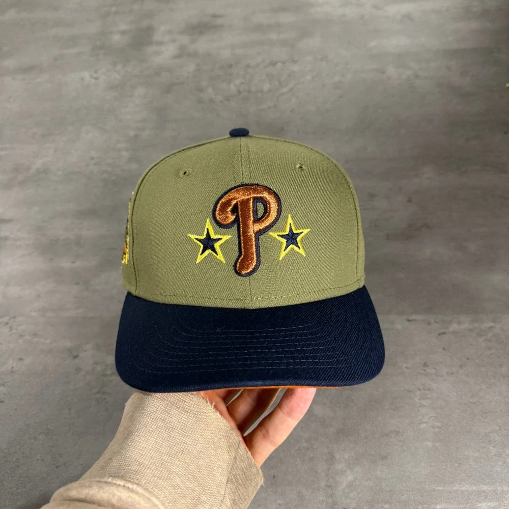 New Era Philadelphia Phillies Hat 7 1/8 Olive Navy Tropical Tree Dragon Ball Cap